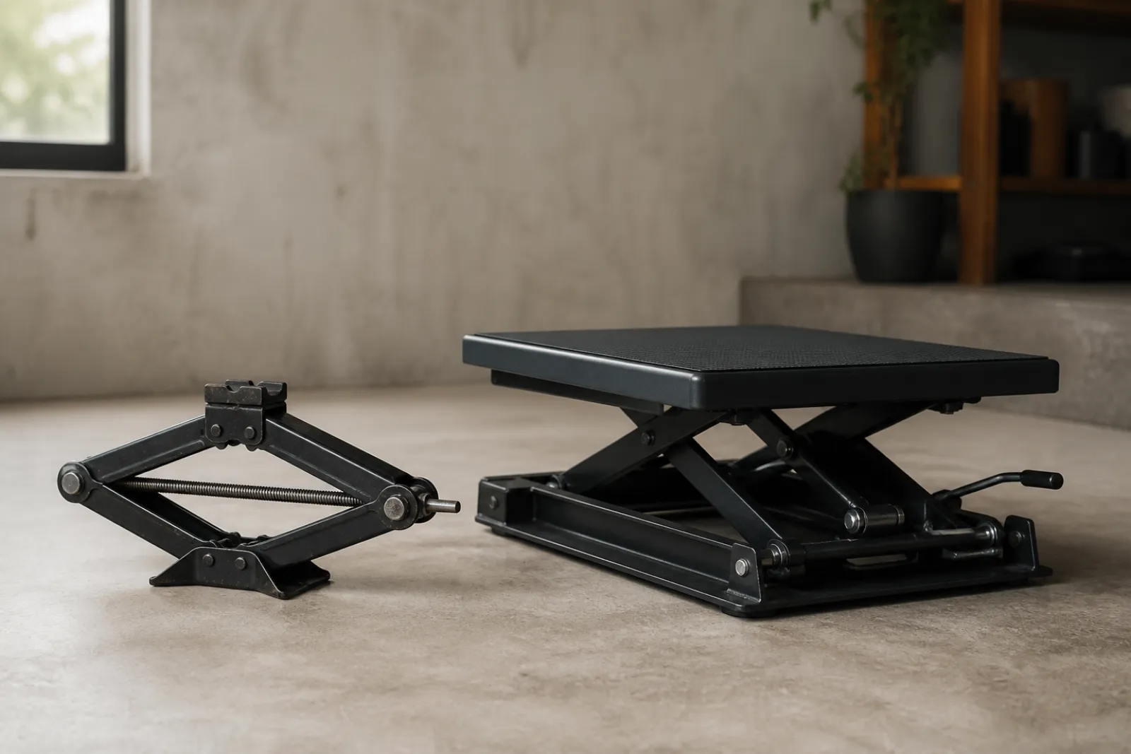 Budget scissor jack next to a premium motorcycle lift platform