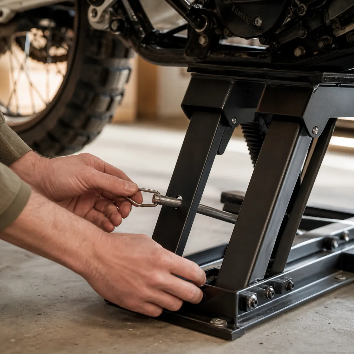 Hands setting the safety lock pin on a raised motorcycle jack