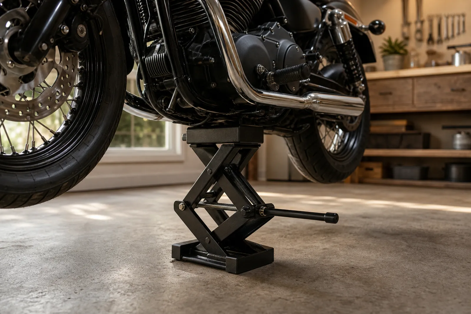 Motorcycle jack raising a cruiser off the garage floor