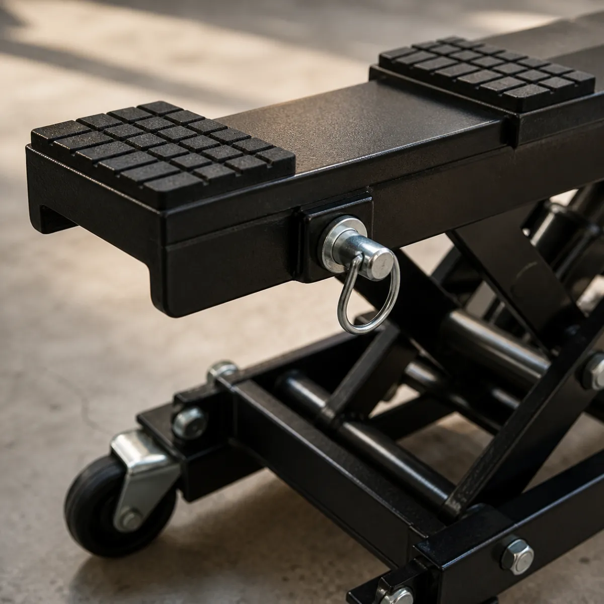 Close-up of rubber pads and safety lock pin on a motorcycle lift jack