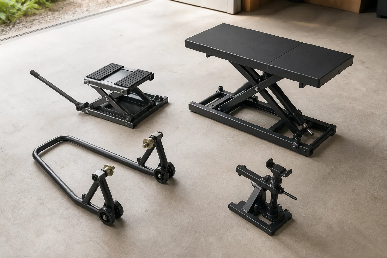 Scissor jack, hydraulic lift table and paddock stand side by side