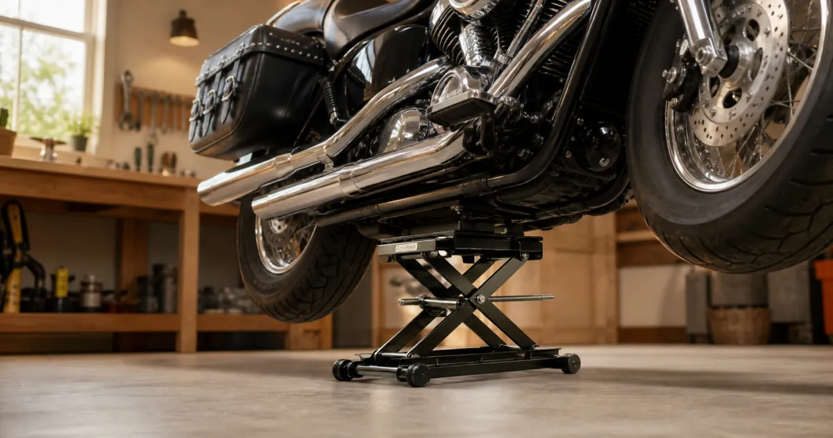 Motorcycle jack lifting a cruiser, featured in a video review