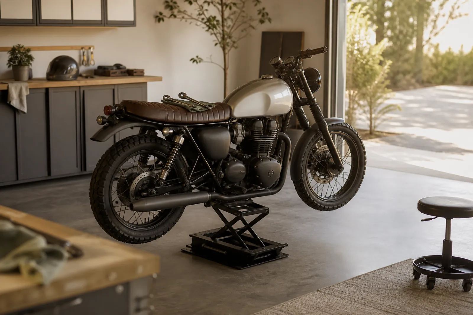 Rider working on a lifted motorcycle at comfortable bench height