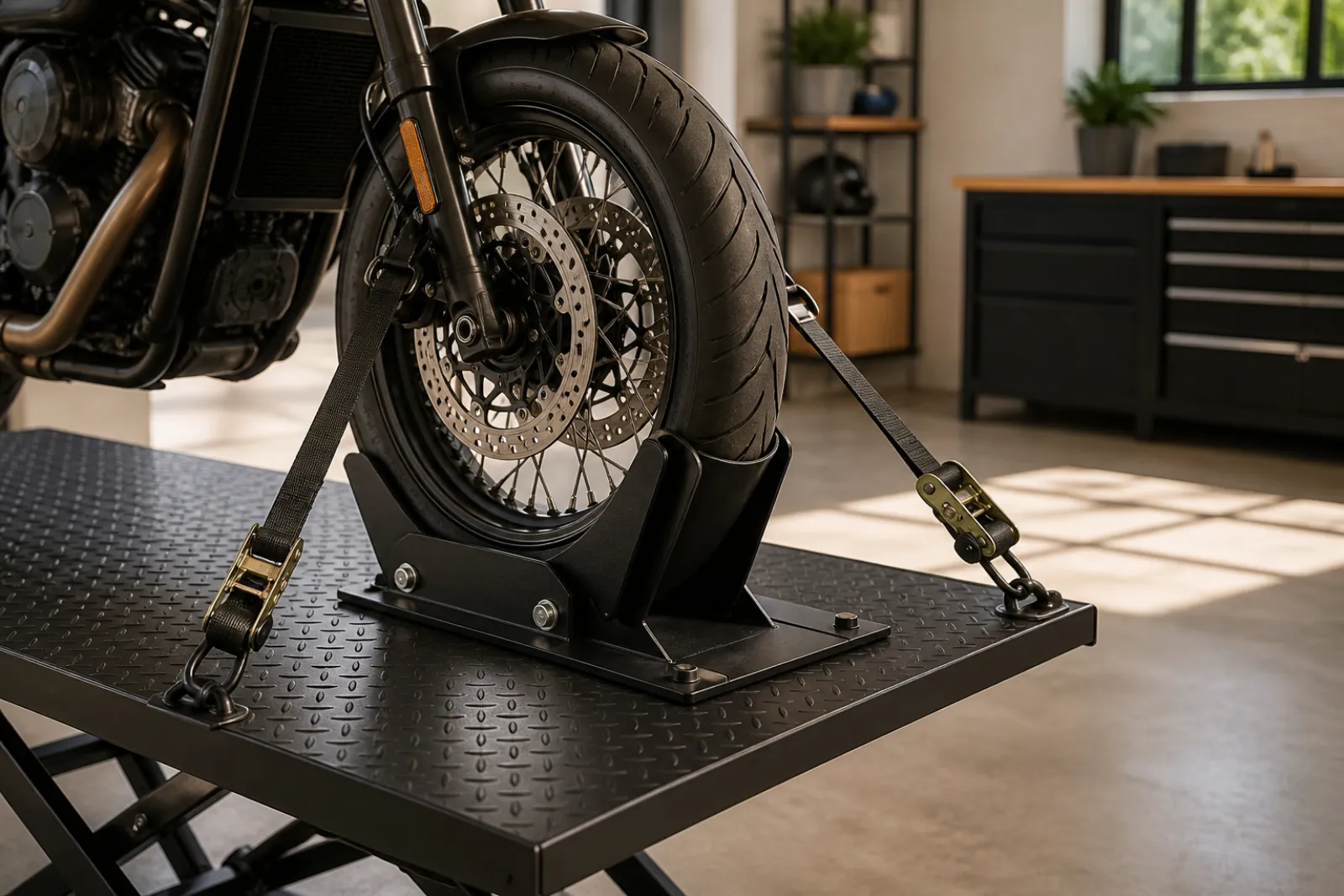 Wheel chock and tie-down straps used with a motorcycle jack
