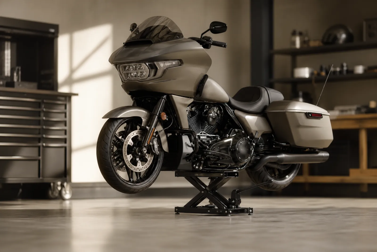 Professional-grade motorcycle lift in a workshop setting